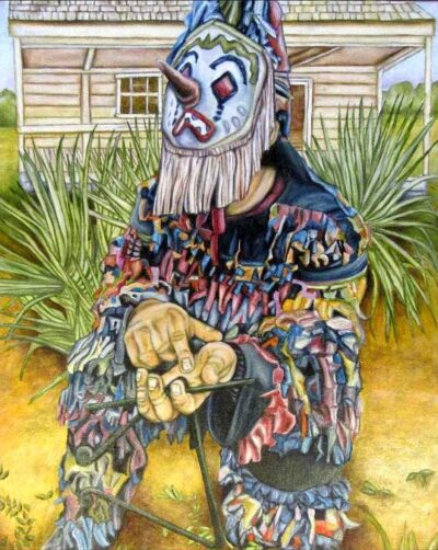 Cajun Mardi Gras rider wearing traditional mask and costume – figurative oil painting