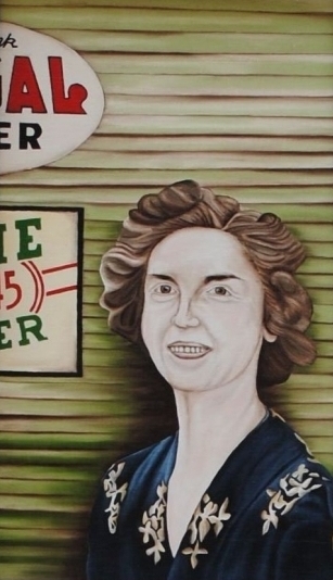 Portrait of a woman standing in front of vintage bar signage – figurative oil painting