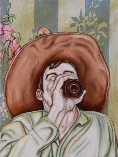 Bottoms Up figurative oil painting print of a man drinking from a bottle