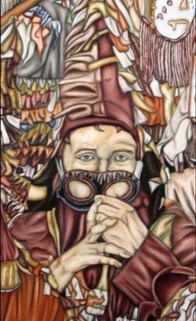 Cajun Mardi Gras participant lowering mask – detail from figurative oil painting