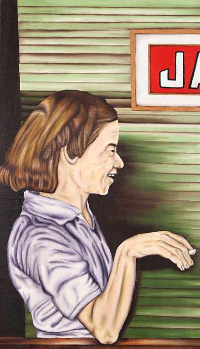 Portrait of Cajun woman standing at a bar with vintage sign – figurative oil painting