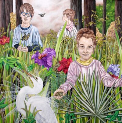 Children of the Swamp figurative oil painting print with children, white heron, and southern landscape