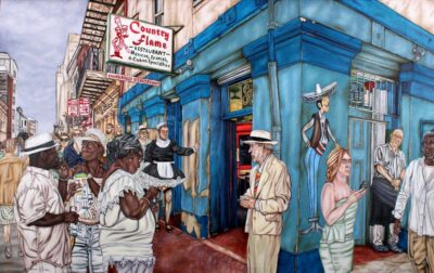 Country Flame New Orleans street scene oil painting print with restaurant and crowd
