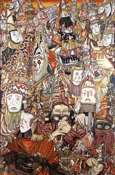 "Courir en Sepia" oil painting by Craig LeBlanc depicting masked participants in the Cajun Mardi Gras Courir wearing traditional costumes and masks.