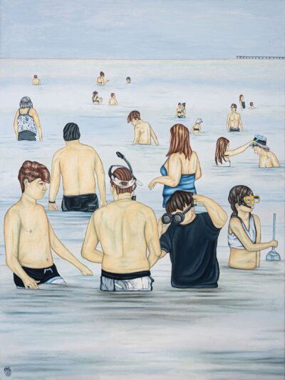 "The Beachgoers" oil painting by Craig LeBlanc depicting numerous swimmers standing in shallow coastal water near a beach with a distant pier.