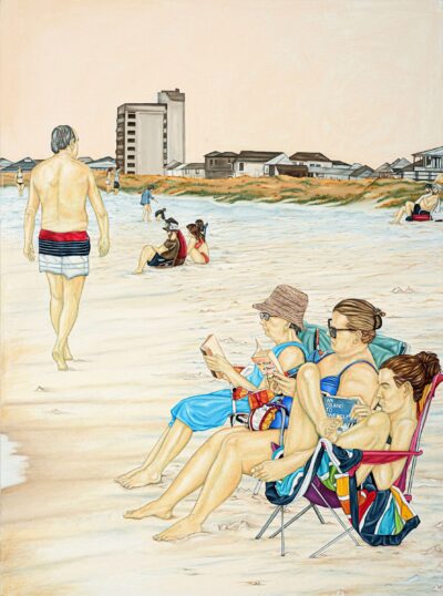 "The Bookworms" oil painting by Craig LeBlanc depicting several people reading books while relaxing on a beach with dunes and buildings in the background.