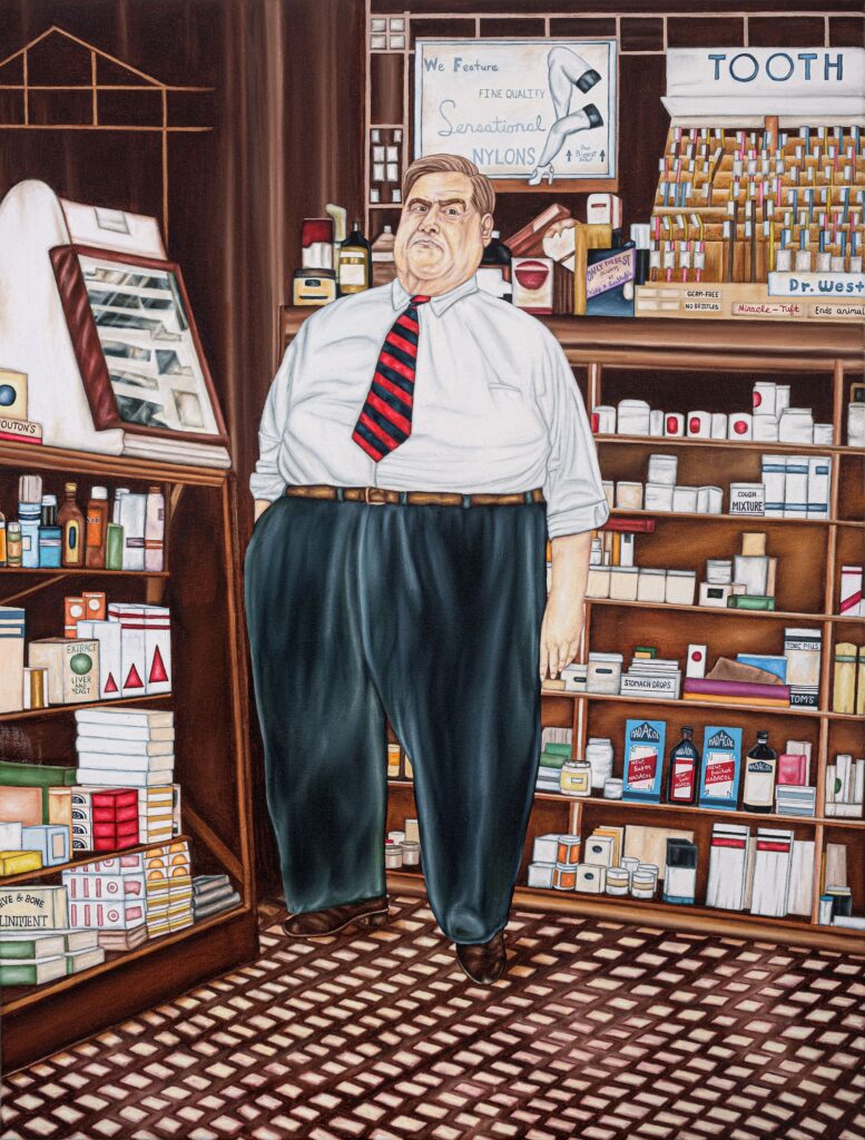 "The Druggist" oil painting by Craig LeBlanc depicting a pharmacist standing inside a vintage 1930s drugstore interior with shelves of medicines and advertisements.