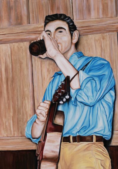 Musician drinking from a beer bottle while holding a guitar – figurative oil painting