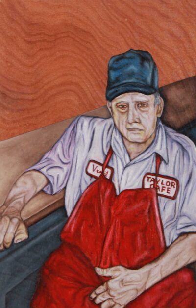 Portrait of restaurant worker in red apron at Taylor Cafe – figurative oil painting