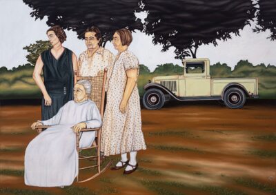 Southern family scene with elderly woman in rocking chair and vintage truck – figurative oil painting