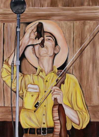 The Musician figurative oil painting print of a fiddler drinking from a bottle